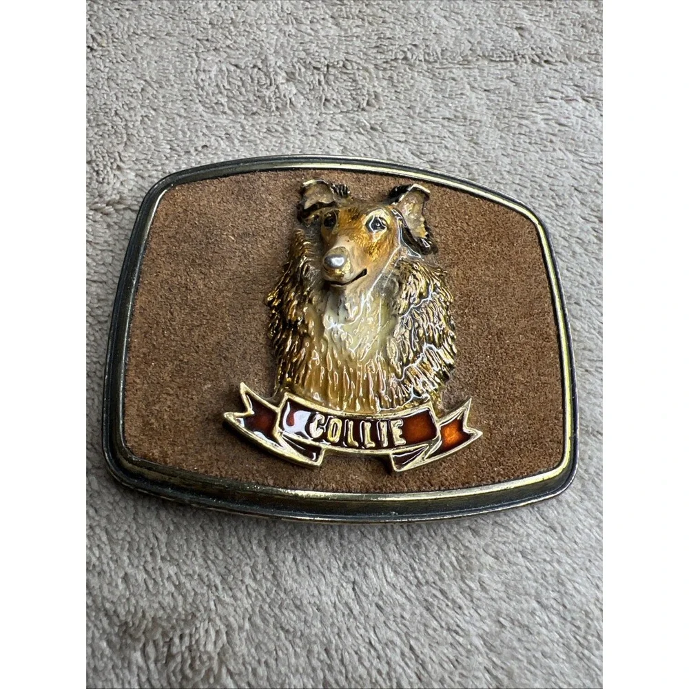 Vintage 1979 Raintree‎ Collie Dog Belt Buckle 3D Brass Enamel Western USA
